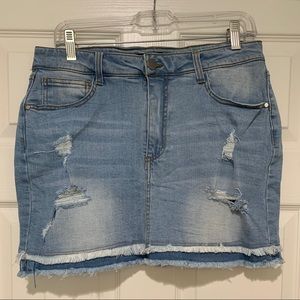Light Wash Distressed Denim Skirt with Frayed Hem